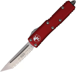Microtech UTX-85 AUTO OTF Knife 3" Stonewashed Tanto Serrated Blade, Red Aluminum Handles -  233-12RD - Gear Supply Company