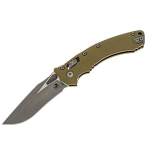 Microtech Amphibian RAM-LOK Manual Folding Knife 3.875" Bohler M390MK Stonewash Drop Point Plain Blade, OD Green Fluted G10 Handles, AXIS/Crossbar Lock – 137RL-11 FLGTOD - Gear Supply Company