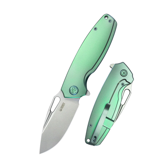 Kubey Tityus Frame Lock Flipper Folding Knife Green 6AL4V Contoured Titanium Handle 3.39