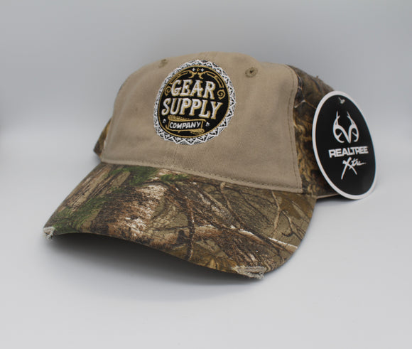 RealTree Xtra Gear Supply Company Logo Velcro Back Tan With Light Camo Hat With Bent Bill - Gear Supply Company