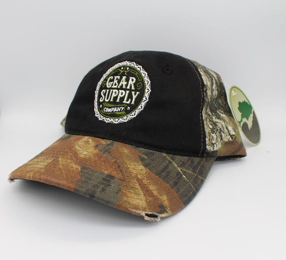 Mossy Oak Gear Supply Company Logo Velcro Back Black With Dark Camo Hat With Bent Bill - Gear Supply Company